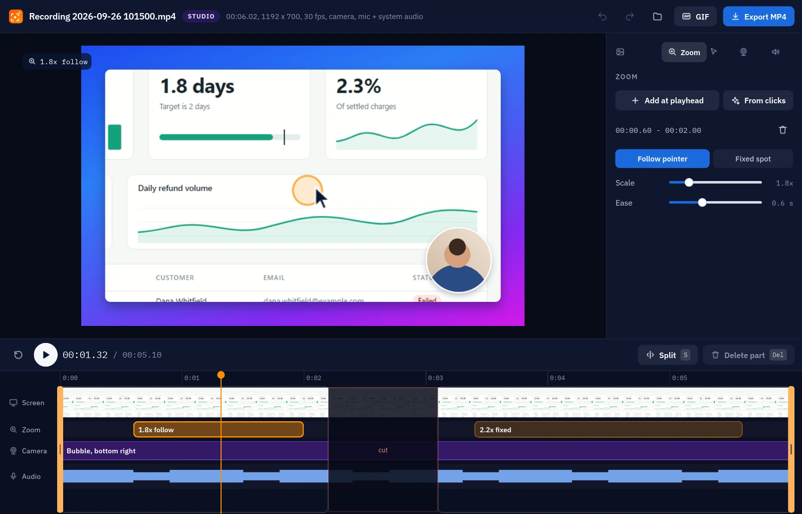 The video editor, with a zoomed preview, a camera bubble, and a timeline with zoom segments and a cut